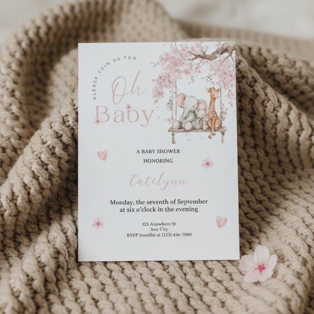 Convite Oh Baby Shower Invitation • Cherry Blossom Theme (Soft beige knit blanket with Oh Baby shower invitation and pink blossom accents)
