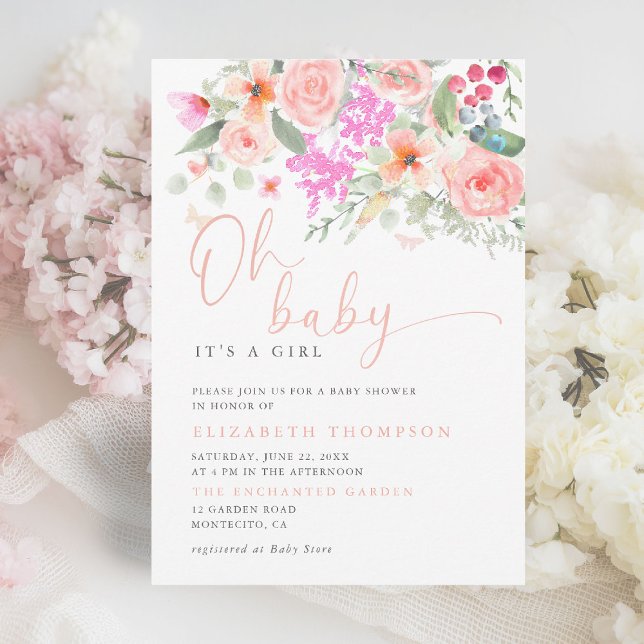 Convite Oh Baby Sunny Garden Floral Chá de fraldas (oh baby girl shower invitation colorful floral elegant modern calligraphy garden party backyard chic)