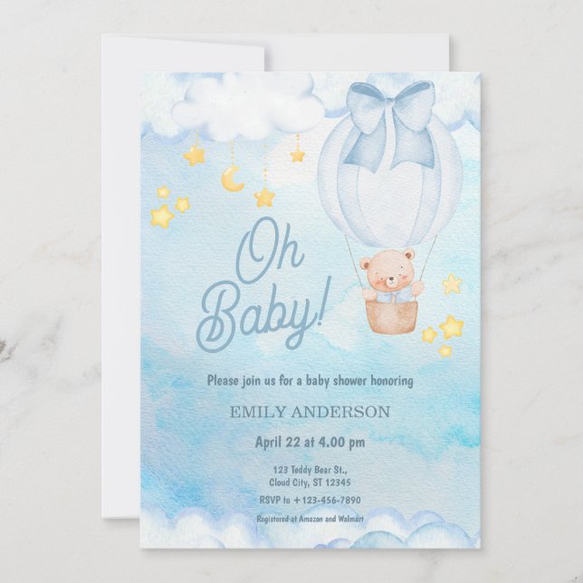 Convite Oh Baby Teddy Bear Balloon Boy Baby Shower  (Frente)