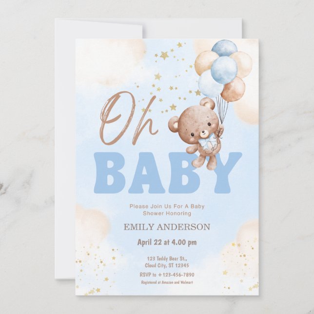 Convite Oh Baby Teddy Bear Balloons Boy Baby Shower  (Frente)