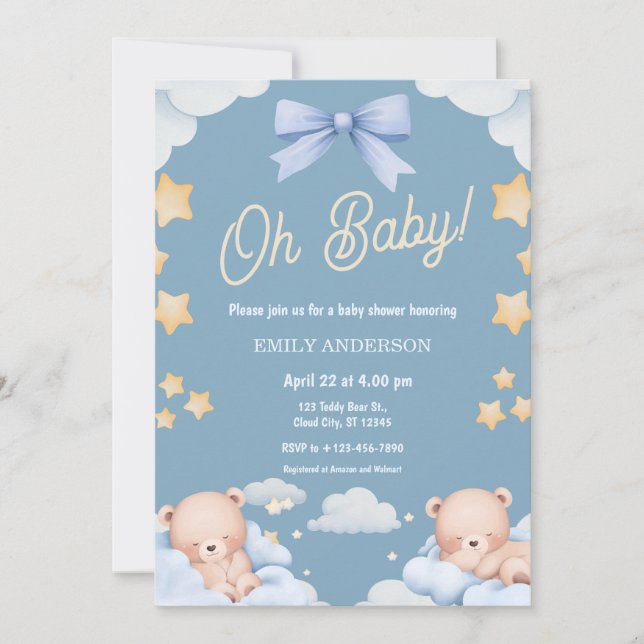 Convite Oh Baby Teddy Bear Twinkle Little Star Baby Shower (Frente)