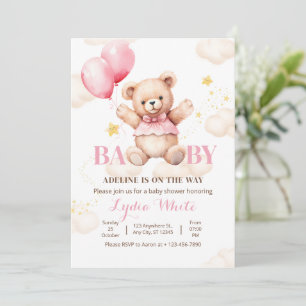 Convite Oh Baby Teddy Bear With Balloon Girl Baby Shower
