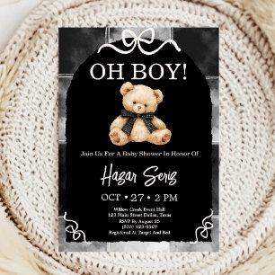 Convite Oh Baby Urso de Pelúcia Chuveiro de Bebê Preto e B