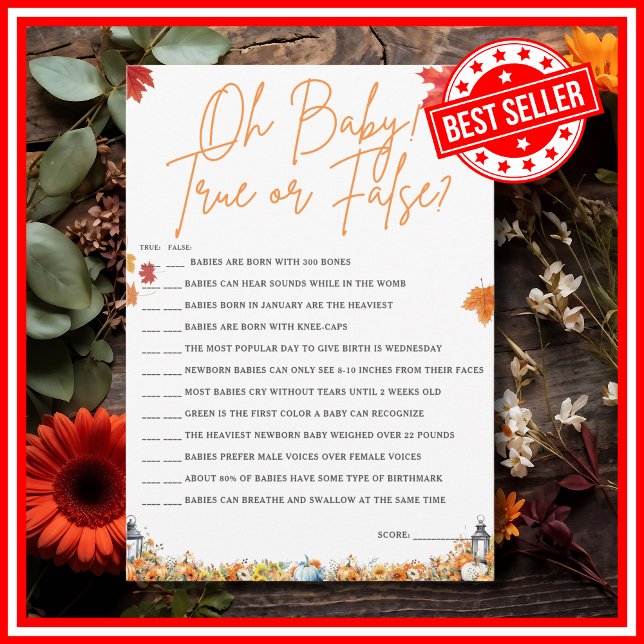 Convite OH BABY VERDADEIRO OU FALSO Jogo de Chá de Bebê AB (OH BABY TRUE OR FALSE Easy Baby Shower Game A Little Pumpkin is on the Way Fall Autumn Theme )