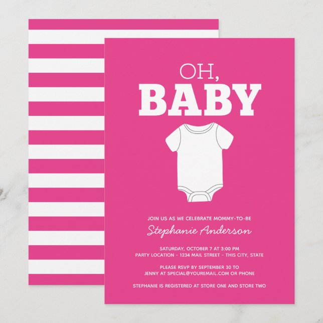 Convite Oh Baby - Whimsical Tee Hot Pink Girl Chá (Frente/Verso)