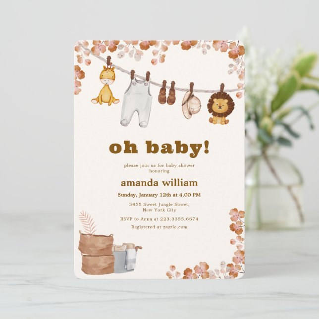 Convite Oh Baby Wild Jungle Safari Clothesline Baby Shower (Em pé/Frente)