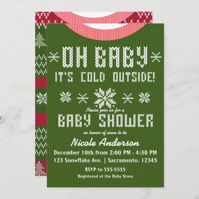 Convite OH BABY Winter Chá de fraldas Knit Sweater Red Gre (Frente/Verso)