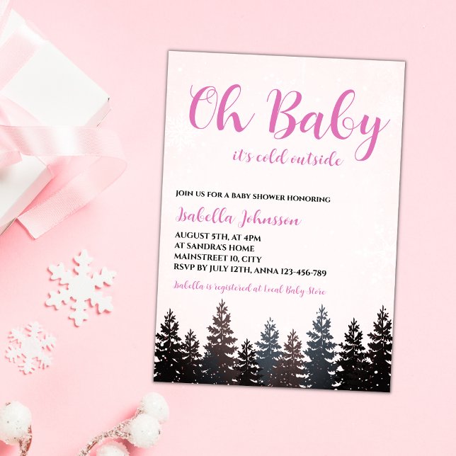 Convite Oh Baby Winter Wonderland Chá de fraldas (oh baby it's cold outside winter wonderland  girl baby shower invitation gender neutral baby pink )