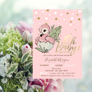 Convite Oh Bebê Bebê Fofo Flamingo Rosa Estrelas Chá de Be