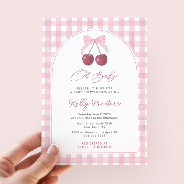 Convite Oh Bebê, Bonito Chá de fraldas de cerejas rosa (She's the cherry on top! Pretty pink gingham & cherries baby shower invitation for girl with arch)
