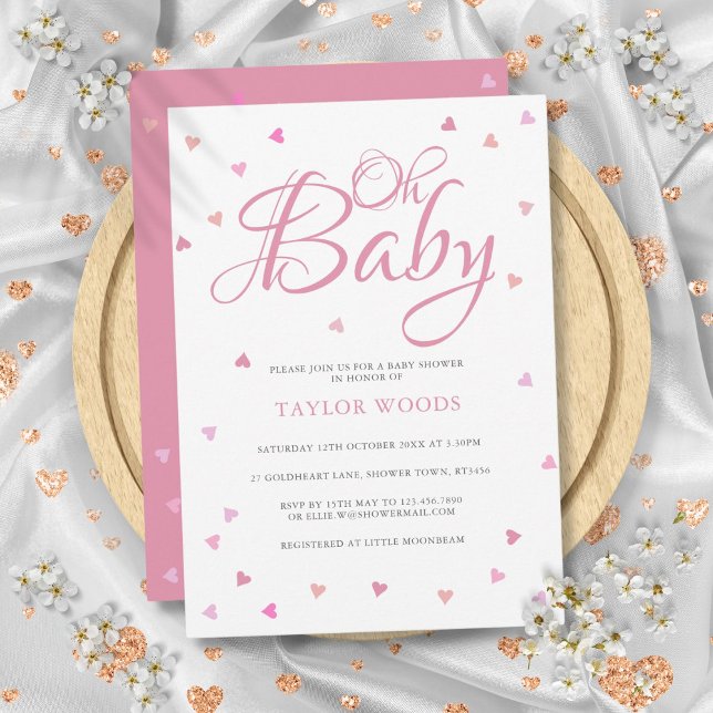 Convite Oh Bebê Bonito Coração Rosa Chá de fraldas Sprinkl (Oh Baby Pretty Pink Hearts Baby Shower Sprinkle Invitation)
