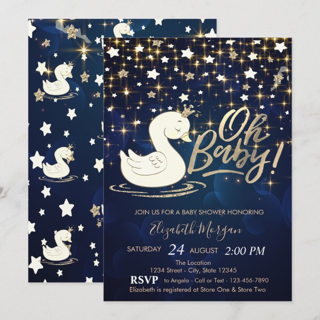 Convite Oh Bebê Cisne Coroa Estrelas Marinho Azul Chás de  (Frente/Verso)