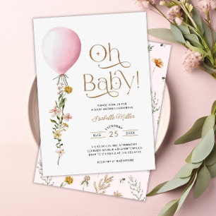 Convite Oh Bebê, cor-de-rosa, Chá de fraldas Floral Convit