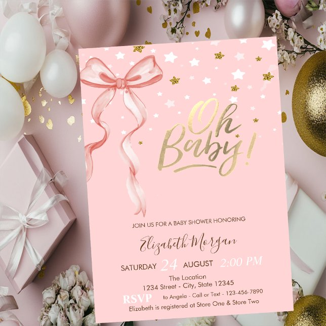 Convite Oh Bebê Estrelas Laço Rosa Chás de Bebê (Criador carregado)