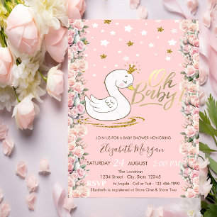Convite Oh Bebê Lindos Cisnes Bebês Coroa Rosas Chá de Be