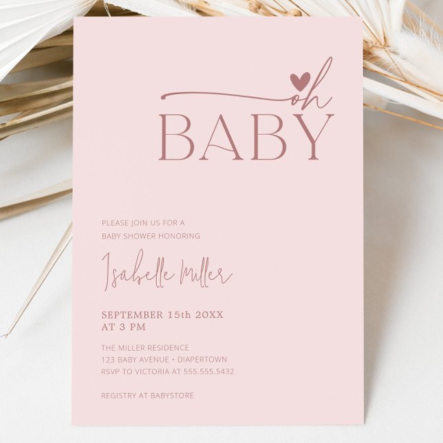 Convite Oh bebê Moderno Simples Chá de fraldas Rosa (Oh Baby Modern Simple Dusty Pink Girl Baby Shower Invitation)