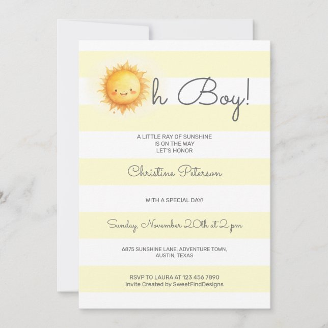 Convite Oh Boy A Little Ray of Sunshine Baby Shower (Frente)