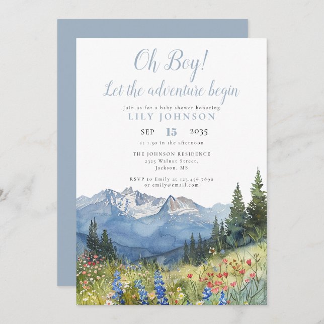 Convite Oh Boy Adventure Begin Mountain Baby Shower Invita (Frente/Verso)