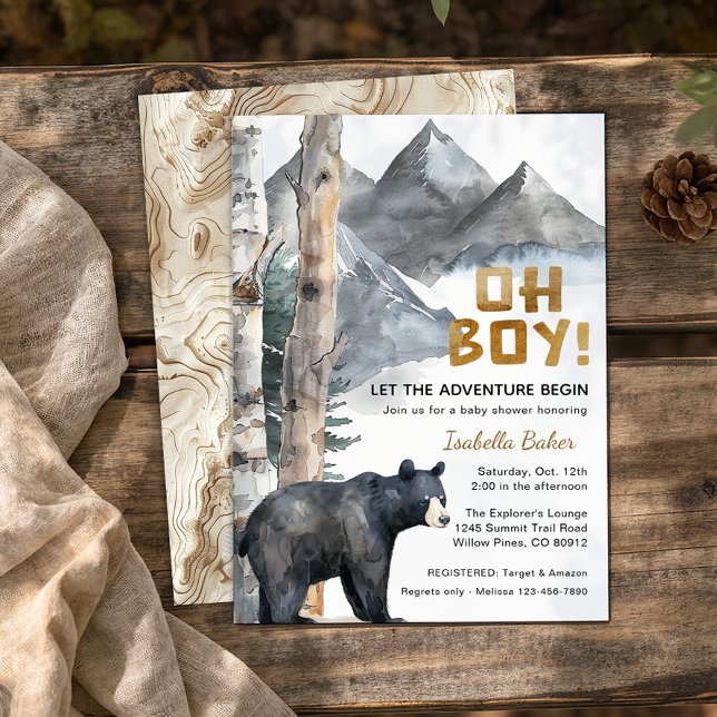 Convite Oh Boy Adventure Begin | Urso e Chá de fraldas de  (Woodland Baby Shower Invite)