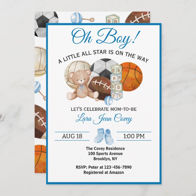 Convite Oh Boy All Star Sport Baby Shower  (Frente/Verso)