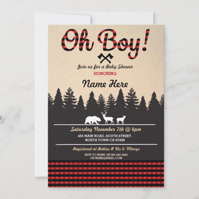 Convite Oh Boy Baby Lumberjack Chá de fraldas Red Invite (Frente)