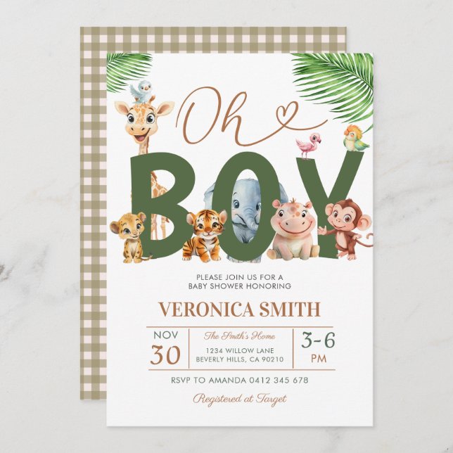Convite Oh Boy Baby Shower Forest Animals Greenery Floral (Frente/Verso)