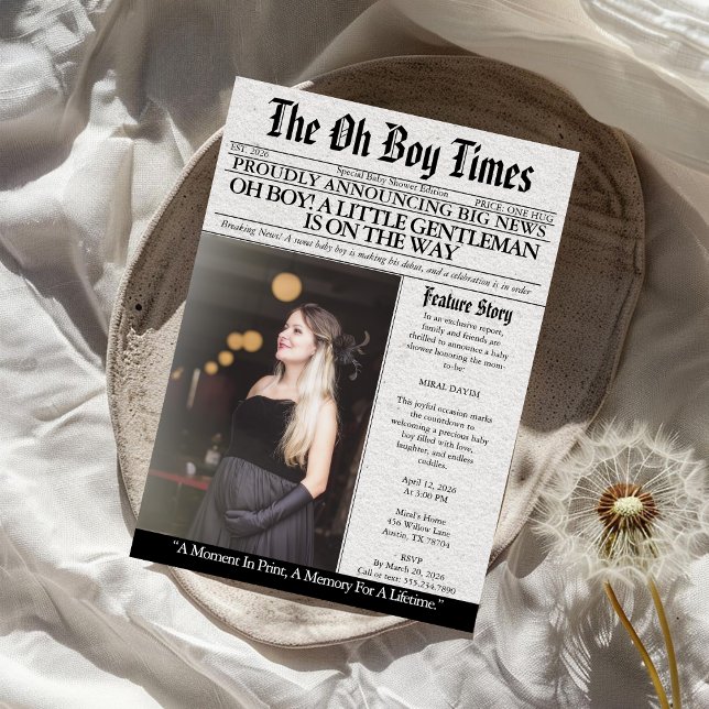 Convite Oh Boy Baby Shower Newspaper Unique Fun Photo (Criador carregado)