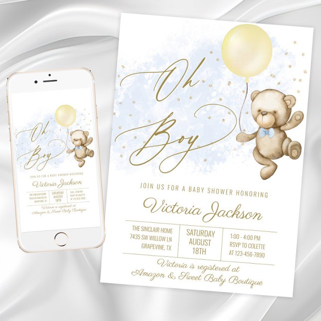 Convite Oh Boy Bear Balloon Baby Shower (Oh Boy baby shower invitation with bear and balloon. Available for instant download and print.)