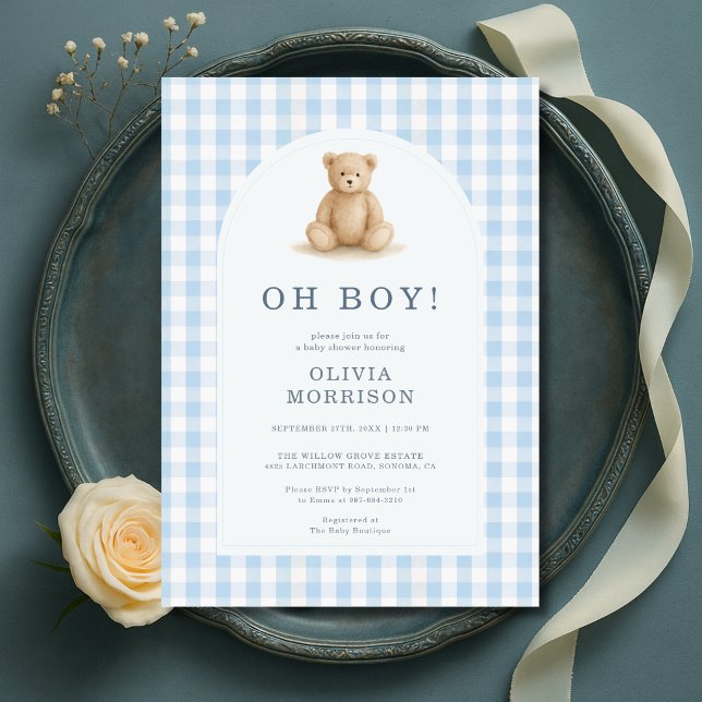 Convite Oh Boy Bear Blue Gingham Baby Shower (Criador carregado)