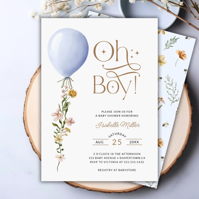 Convite Oh Boy Blue Balloon Chá de fraldas de flor selvage (Oh Boy Blue Balloon Wildflower Baby Shower Invitation)
