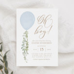 Convite Oh Boy Blue Balloon Eucalyptus Chá de fraldas Invi<br><div class="desc">Convide amigos e familiares a compartilharem a alegria da chegada do seu pequeno com este convite para chá de fraldas,  com balões de aquarela e eucalipto com tipografia de ouro.</div>