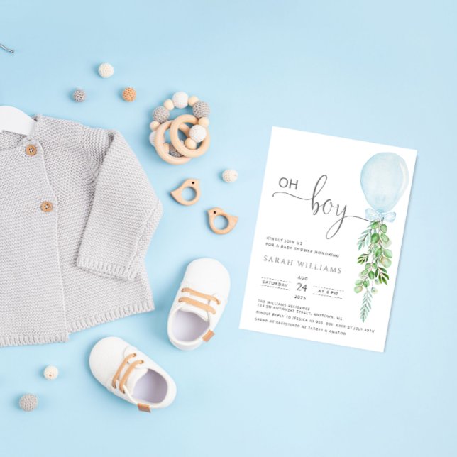 Convite Oh Boy Blue Balloon Eucalyptus Chá de fraldas Invi (Criador carregado)