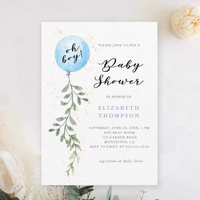 Convite Oh Boy Blue Balloon Soft Foliage Boy Chá de fralda (boy baby shower invitation blue balloon foliage greenery watercolor modern calligraphy botanical)