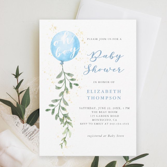 Convite Oh Boy Blue Balloon Soft Greenery Boy Chá de frald (boy baby shower invitation blue balloon greenery watercolor modern calligraphy simple elegant)