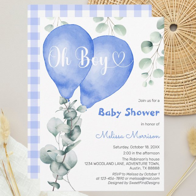 Convite Oh Boy Blue Balloons Moderno Chá de fraldas Eucaly (Oh Boy Blue Balloons Modern Eucalyptus Baby Shower Invitation)