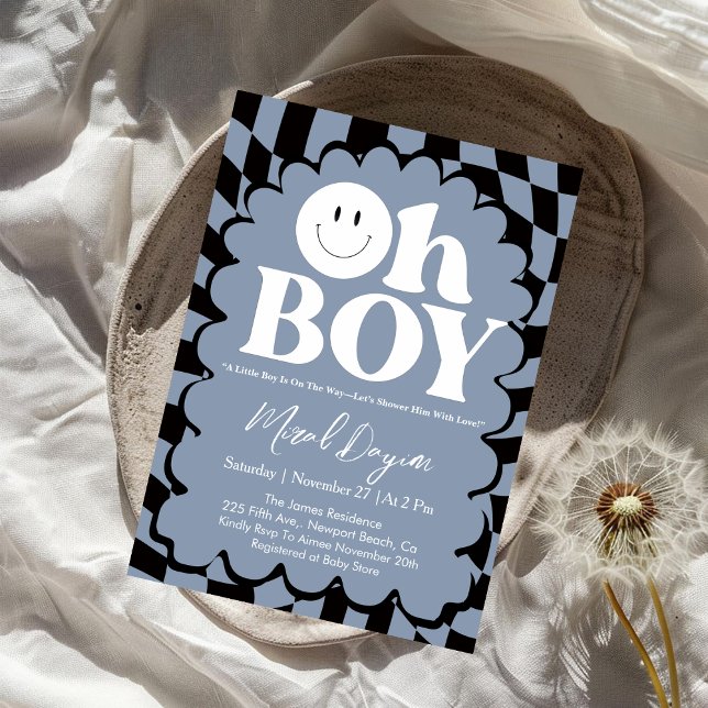 Convite Oh Boy! Blue Checkered Happy Face Baby Shower (Criador carregado)
