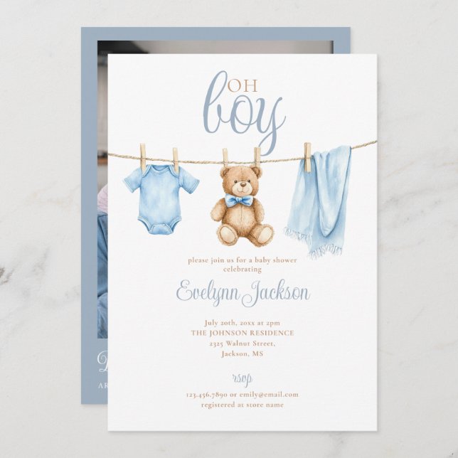 Convite Oh Boy Blue Clothesline Baby Shower Photo QR Code (Frente/Verso)