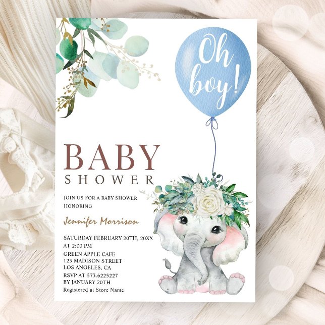 Convite Oh Boy Blue Elephant Baby Shower  (Criador carregado)