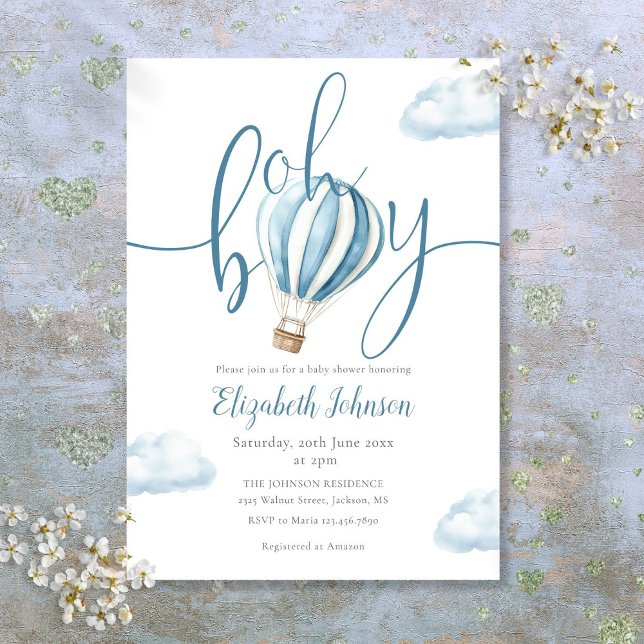 Convite Oh Boy Blue Hot Air Balloon Chá de fraldas (Oh Boy Blue Hot Air Balloon Baby Shower Invitation)