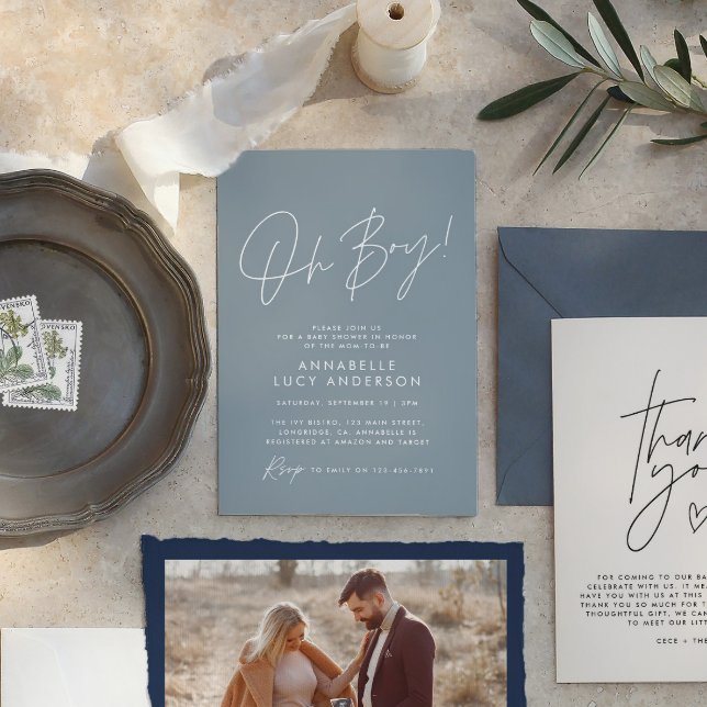 Convite oh Boy chá de fraldas script moderno baby blue ele (Criador carregado)