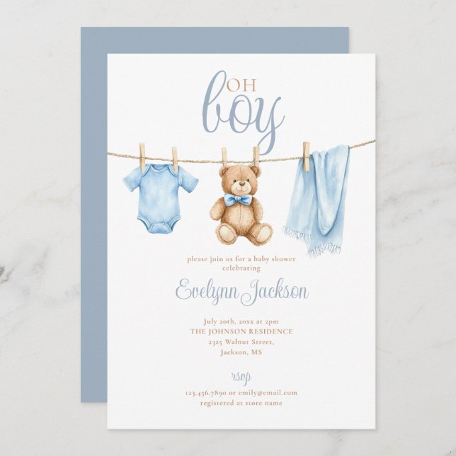 Convite Oh Boy Cute Blue Clothesline Baby Shower (Frente/Verso)