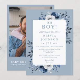 Convite Oh Boy Dusty Blue Floral Foto QR Chã de Bebê