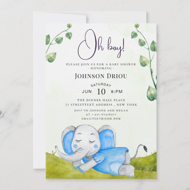 Convite Oh Boy Elephant Baby Shower Invitation (Frente)
