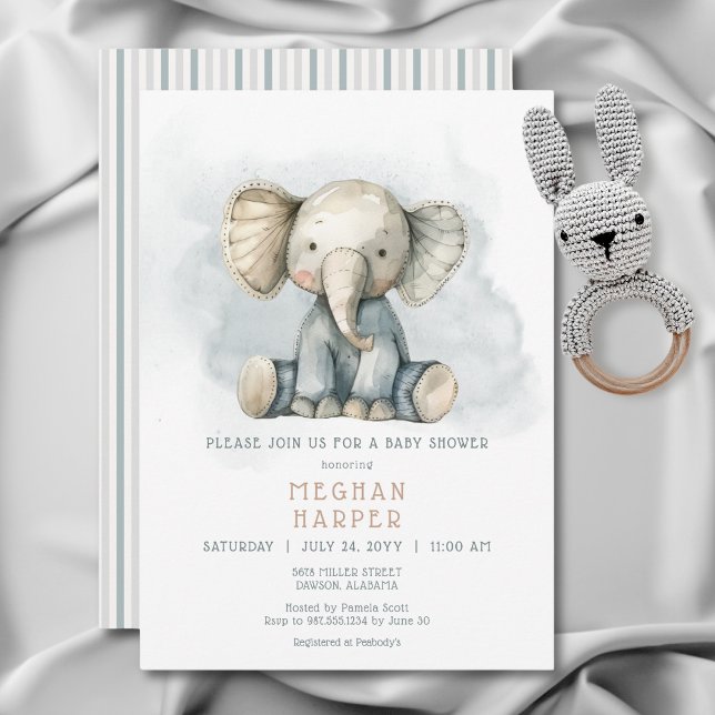 Convite Oh Boy Elephant Blue Strike Chá de fraldas (Oh Boy Elephant Blue Striped Baby Shower Invitation)
