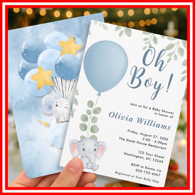 Convite Oh Boy Elephant Eucalyptus Balloon Baby Shower   (Criador carregado)