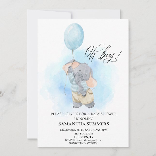 Convite Oh Boy Elephant Watercolor Balloon Blue (Frente)