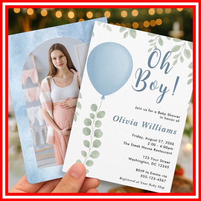 Convite Oh Boy Eucalyptus Blue Balloon PHOTO Baby Shower (Criador carregado)