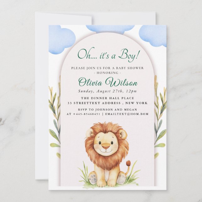 Convite “Oh Boy!” Greenery Lion Baby Shower (Frente)