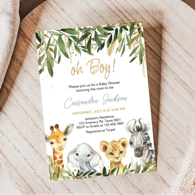 Convite Oh Boy Greenery Safari Chá de fraldas (Safari Animals Baby Shower Invitation)