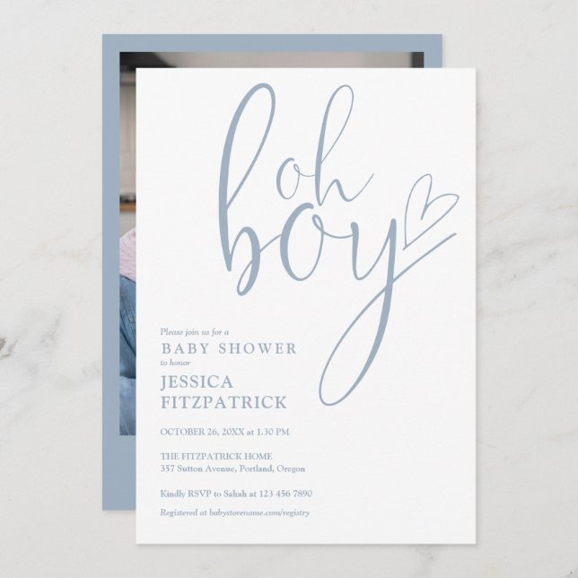Convite Oh Boy Heart Dusty Blue Boy Photo Baby Shower (Frente/Verso)